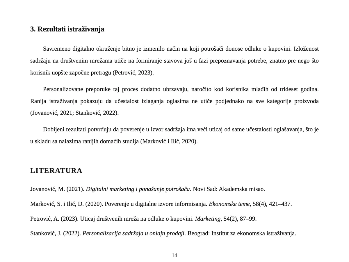 Strana teksta sa poravnatim pasusima, pozivima na izvore u zagradama i spiskom literature ispod