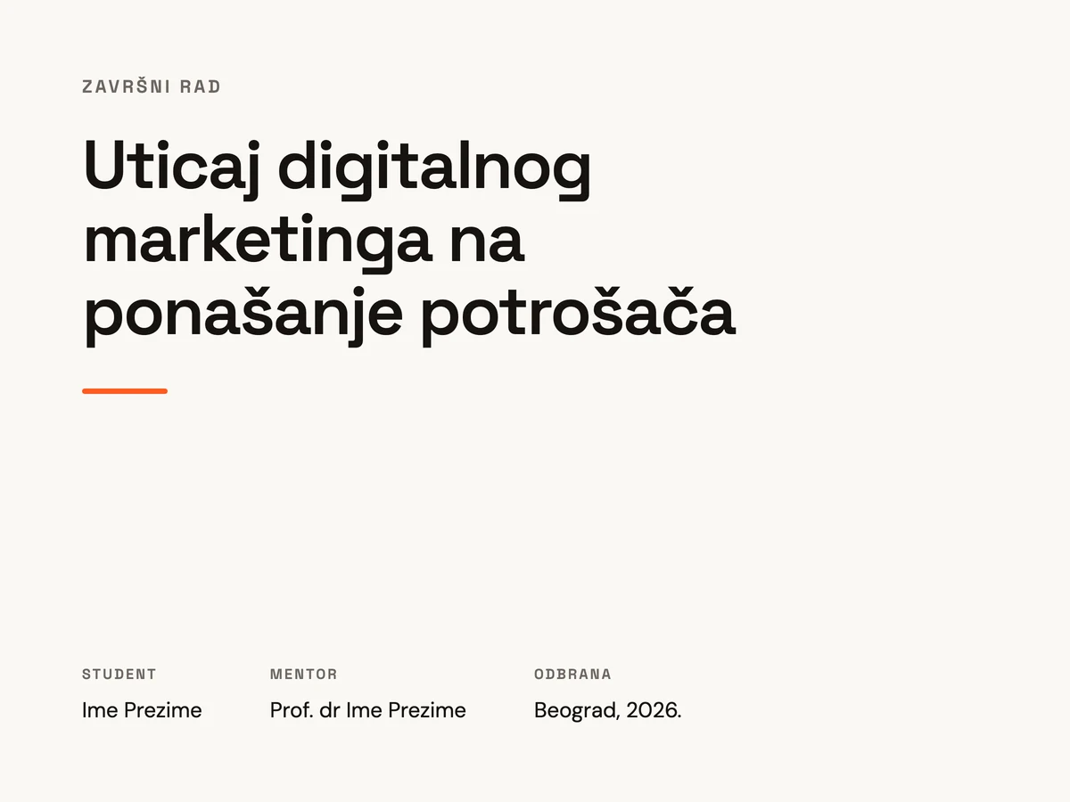 Uvodni slajd za izlaganje pred komisijom, sa temom rada i imenima kandidata i mentora